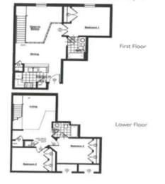 Floor plan for 3 beds, 2 baths, 1070 sqft